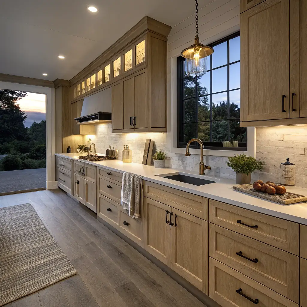 Close-up of white oak shaker kitchen cabinets with brushed brass pulls and warm under-cabinet LED lighting on a quartz counter at dusk, with sage walls and blurred pendant lights in back.