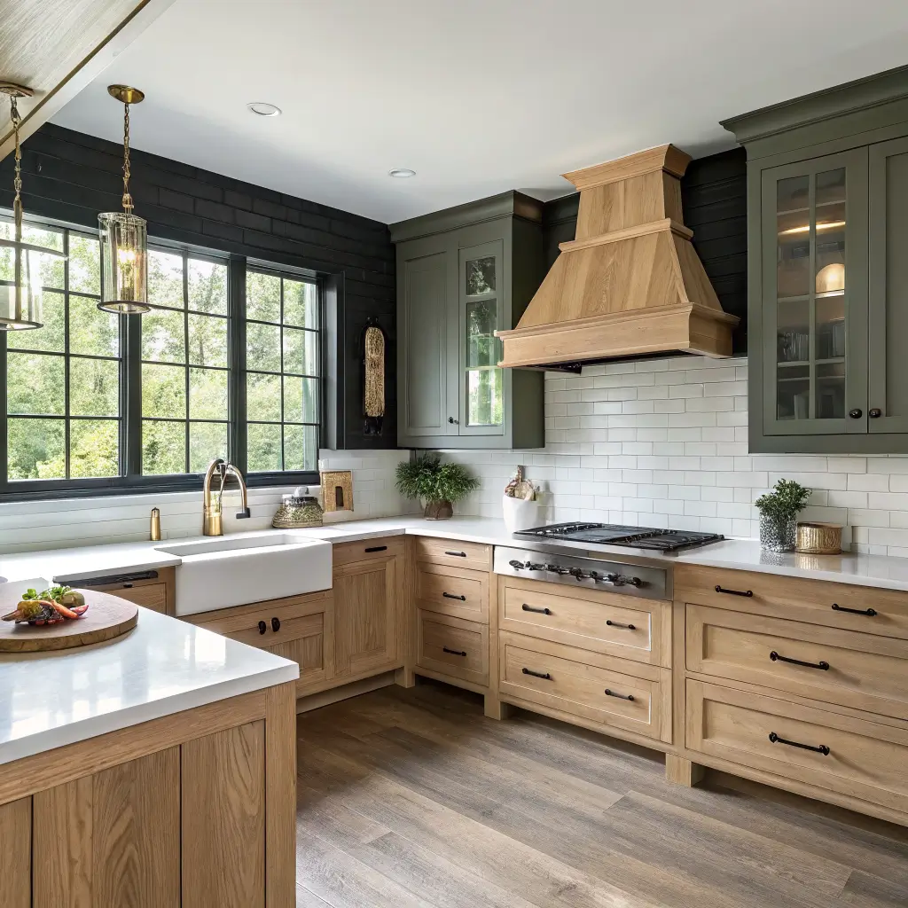 Photorealistic oak kitchen with deep charcoal limewash range accent wall, olive-sage side walls, white oak shaker cabinets, warm-white quartz, and brass hardware in soft morning light.