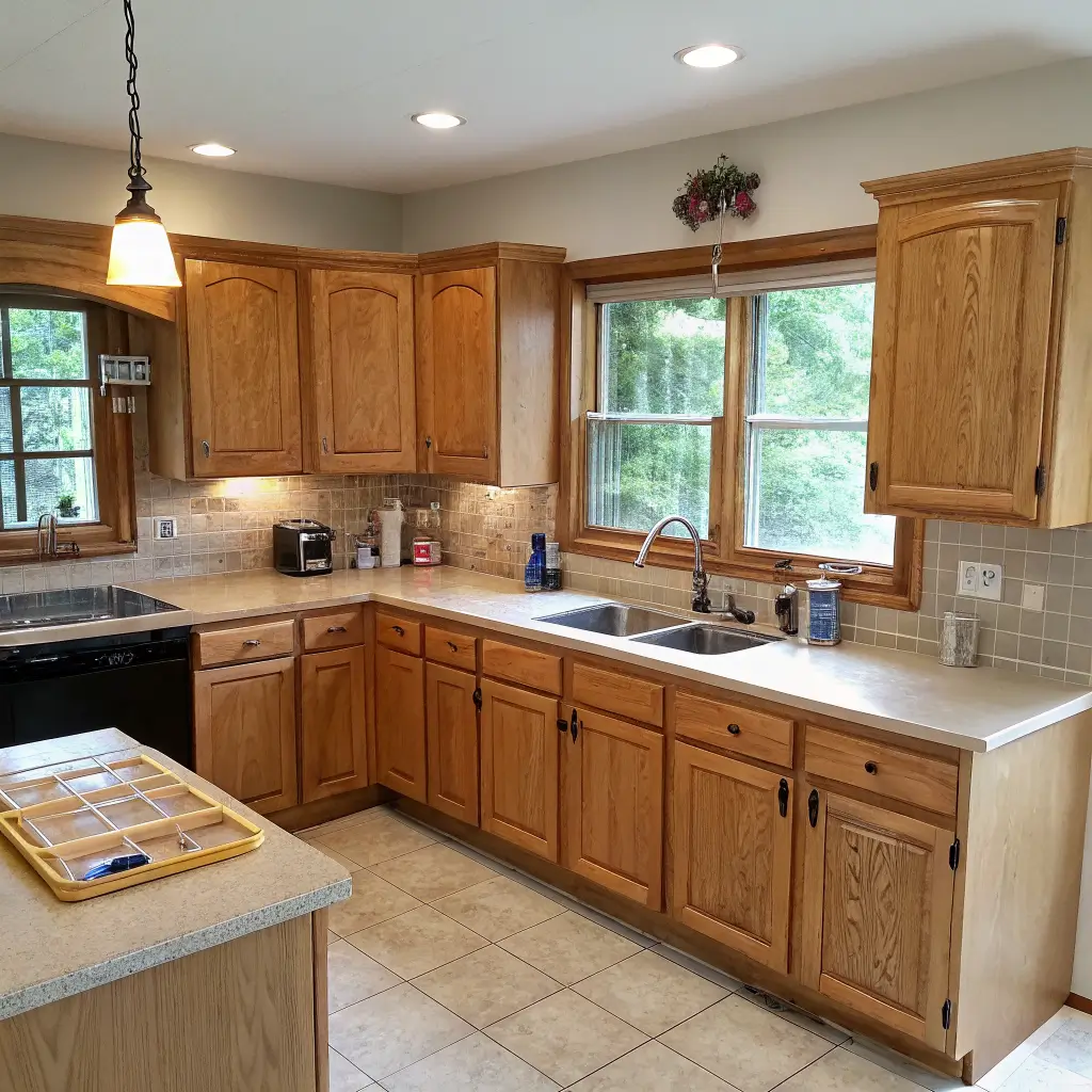 Photorealistic 1990s golden oak kitchen makeover in progress with bleached wheat-finish cabinets, matte black hardware, cool greige walls, warm-white quartz counters, and soft morning light.