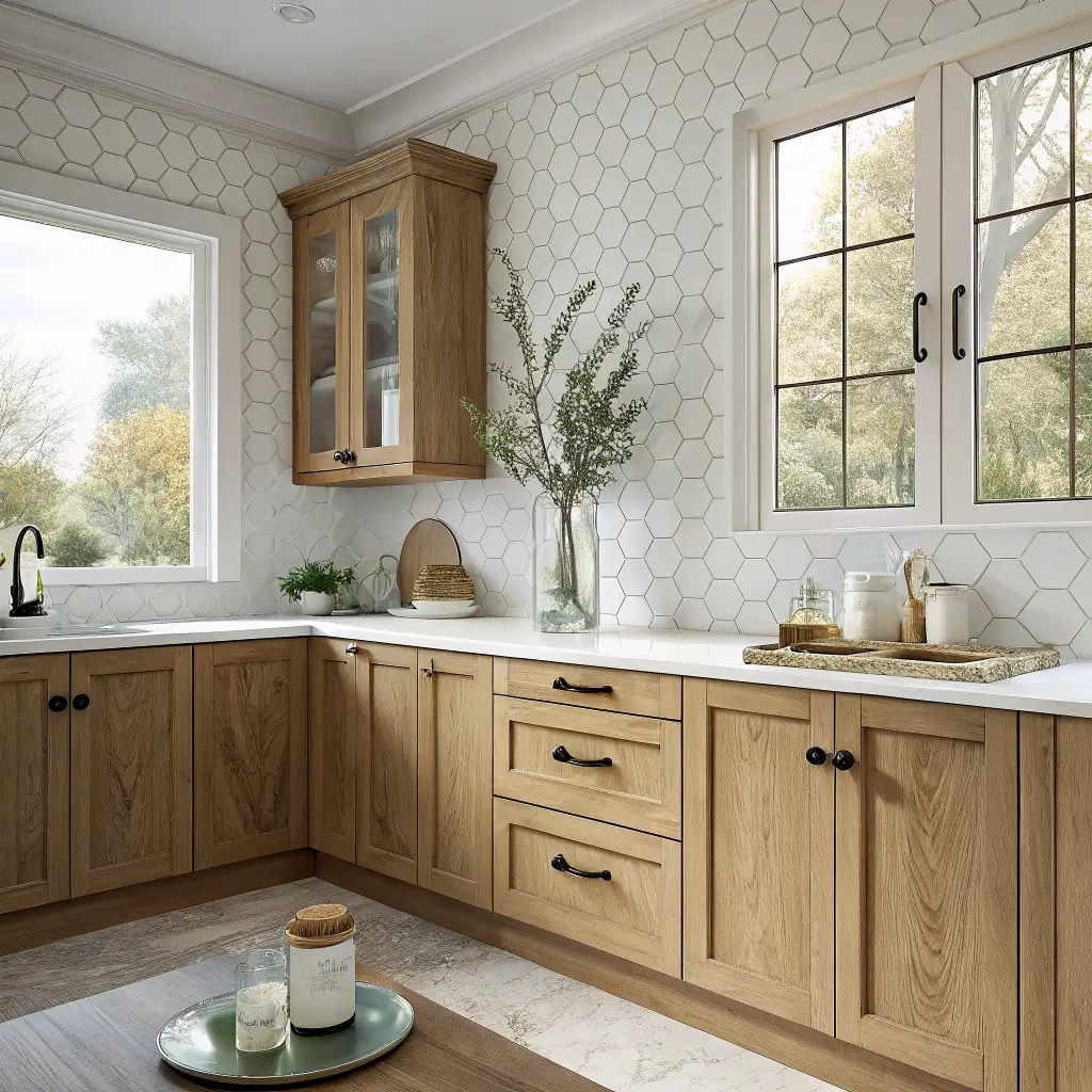 Photorealistic white oak shaker kitchen with Calacatta-style quartz counters, sage and cream zellige backsplash, minimal styling, and warm late-morning light.