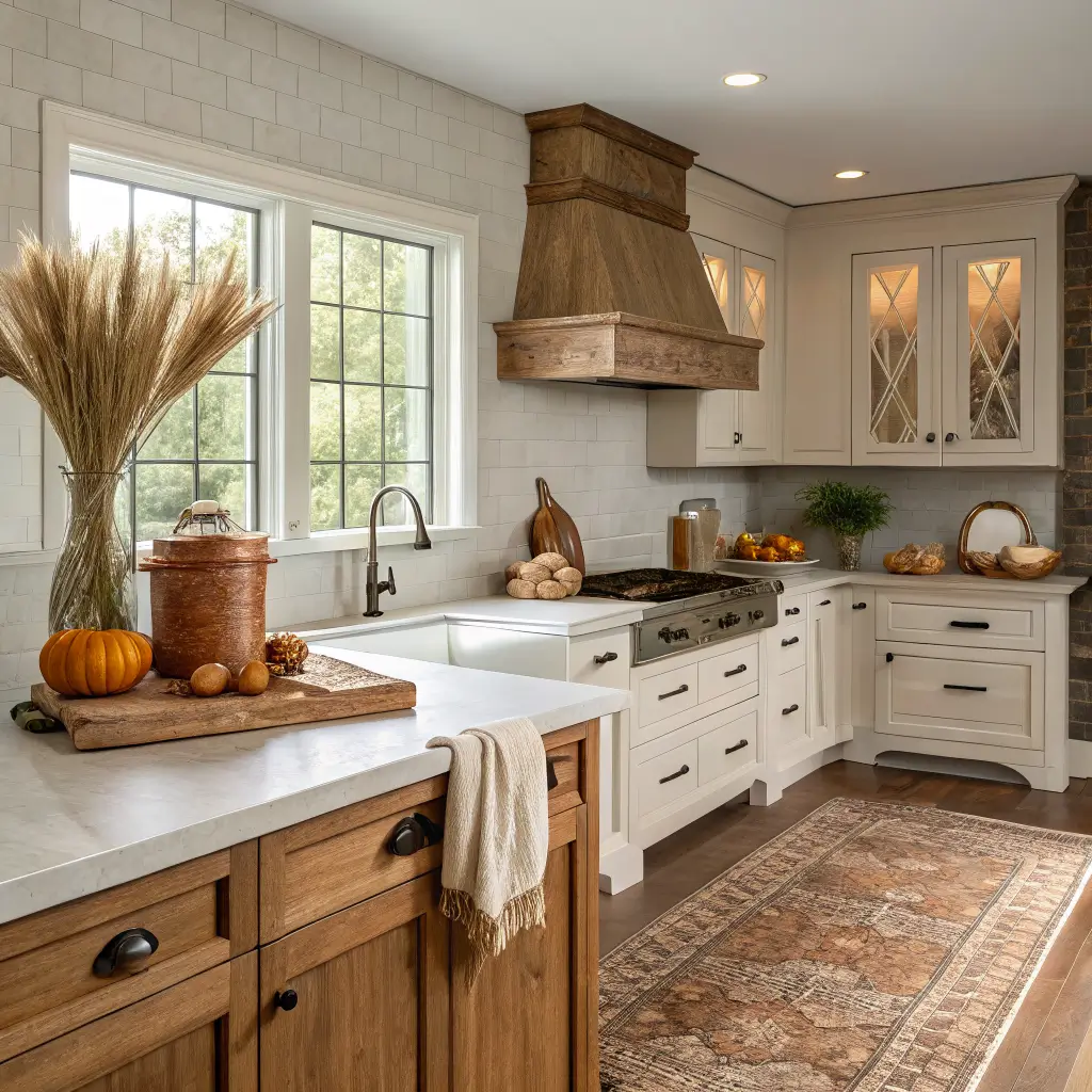 Photorealistic early-autumn oak kitchen with white oak shaker cabinets, quartz island with rust linen runner, squash and copper pot on the range, dried wheat in a stoneware vase, and warm afternoon light.