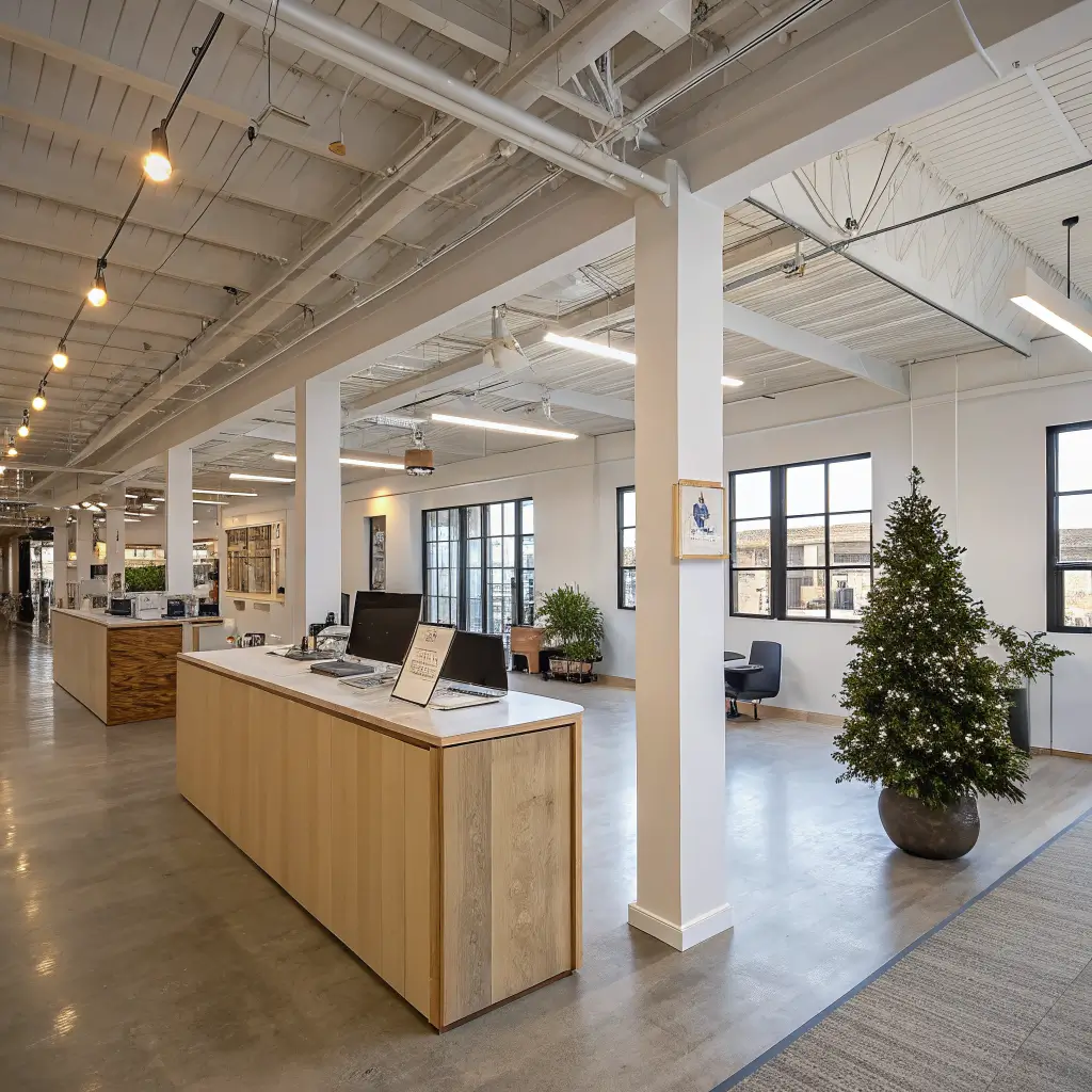 Wide-angle view of a modern marketing office with floor-to-ceiling windows; a clipboard, notepad, tape measure, and eucalyptus sprig sit on a light oak reception counter, with rows of empty desks and an unwrapped boxed artificial tree in the lobby corner.