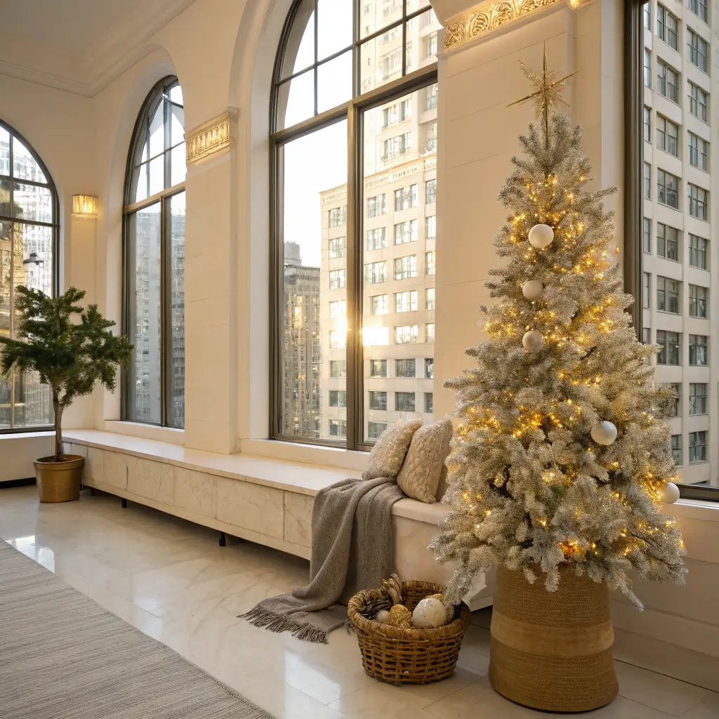 Photorealistic office lobby corner with golden-hour light, minimalist winter décor: slim pre-lit tree with frosted baubles and gold stars, grey bench with ivory knit throw and pinecones, and eucalyptus wreath on an oak door.