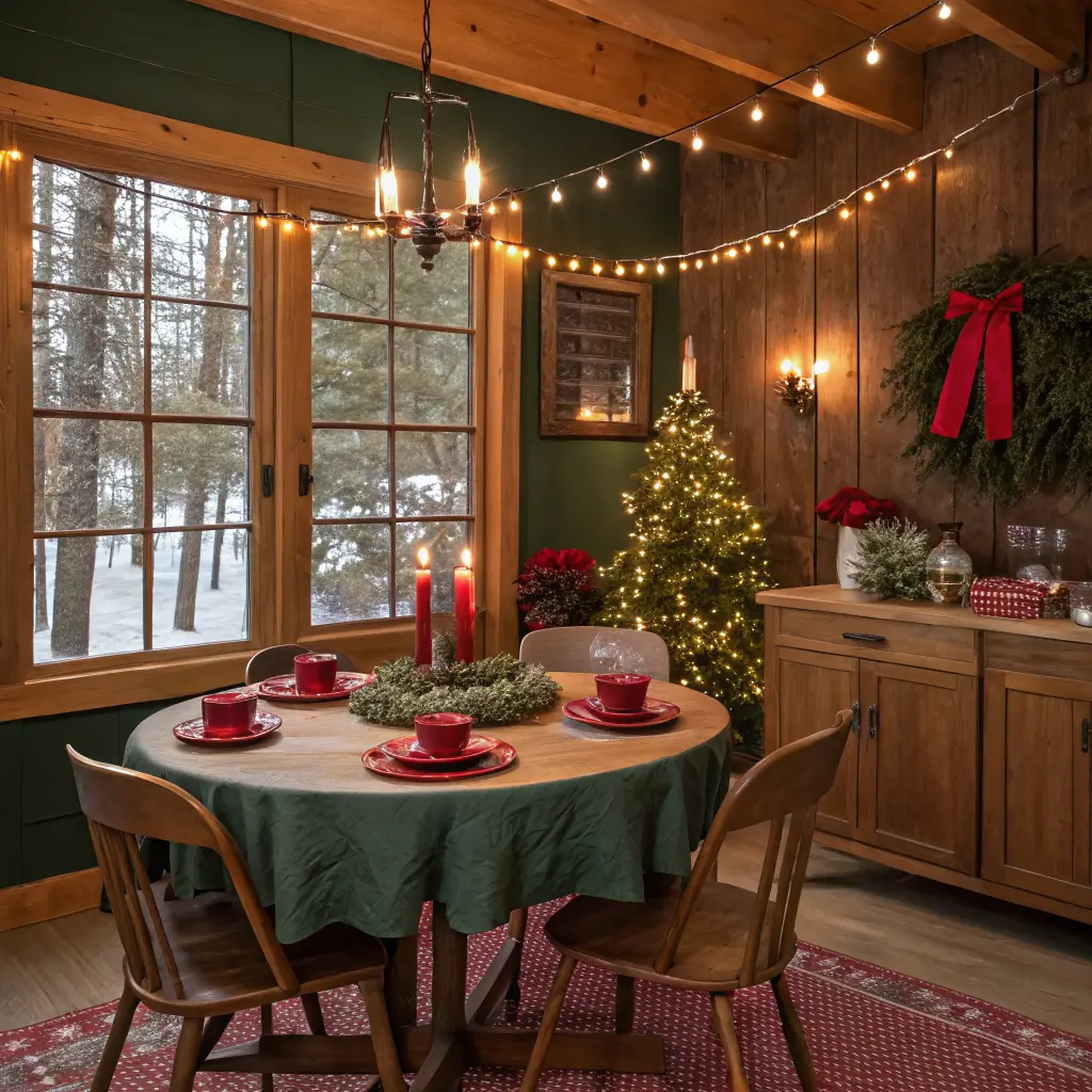 Photorealistic red-and-green break room with warm pendant lights, a round oak table with green runner, red candles, nutcrackers, holiday shelving, and a small decorated Christmas tree.