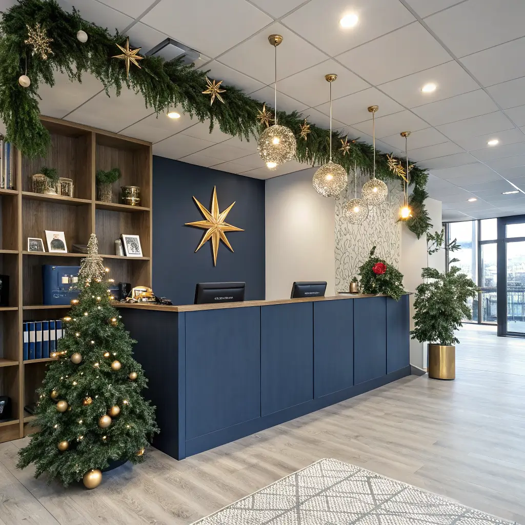 Photorealistic navy-and-gold reception area in an open-plan office, with a garland-draped matte navy desk, gold and ivory holiday decor on floating shelves, and a vase of evergreen branches in cool daylight.