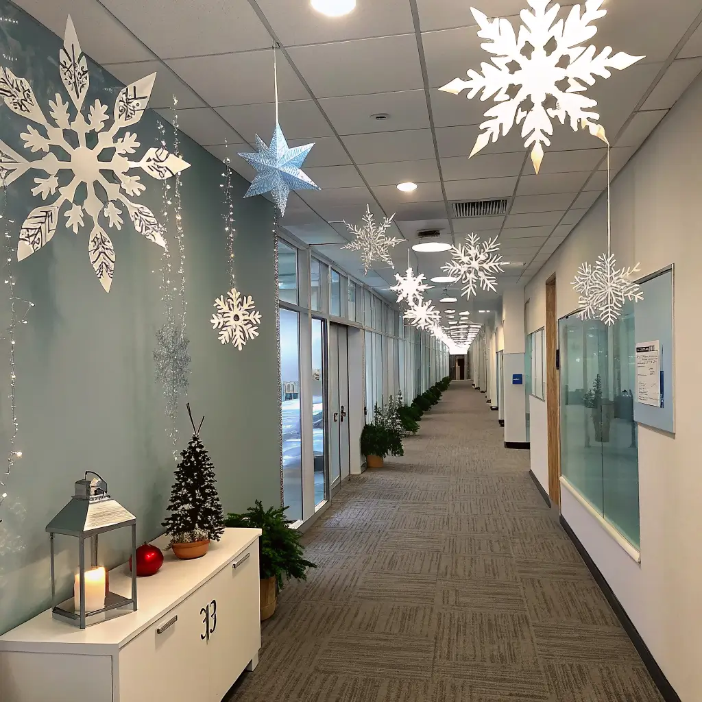 Photorealistic winter-themed corporate hallway with hanging paper snowflakes and frosted stars, glass snowflake decals, and an oak console displaying a silver lantern, brushed pinecones, and frosted baubles in soft daylight.