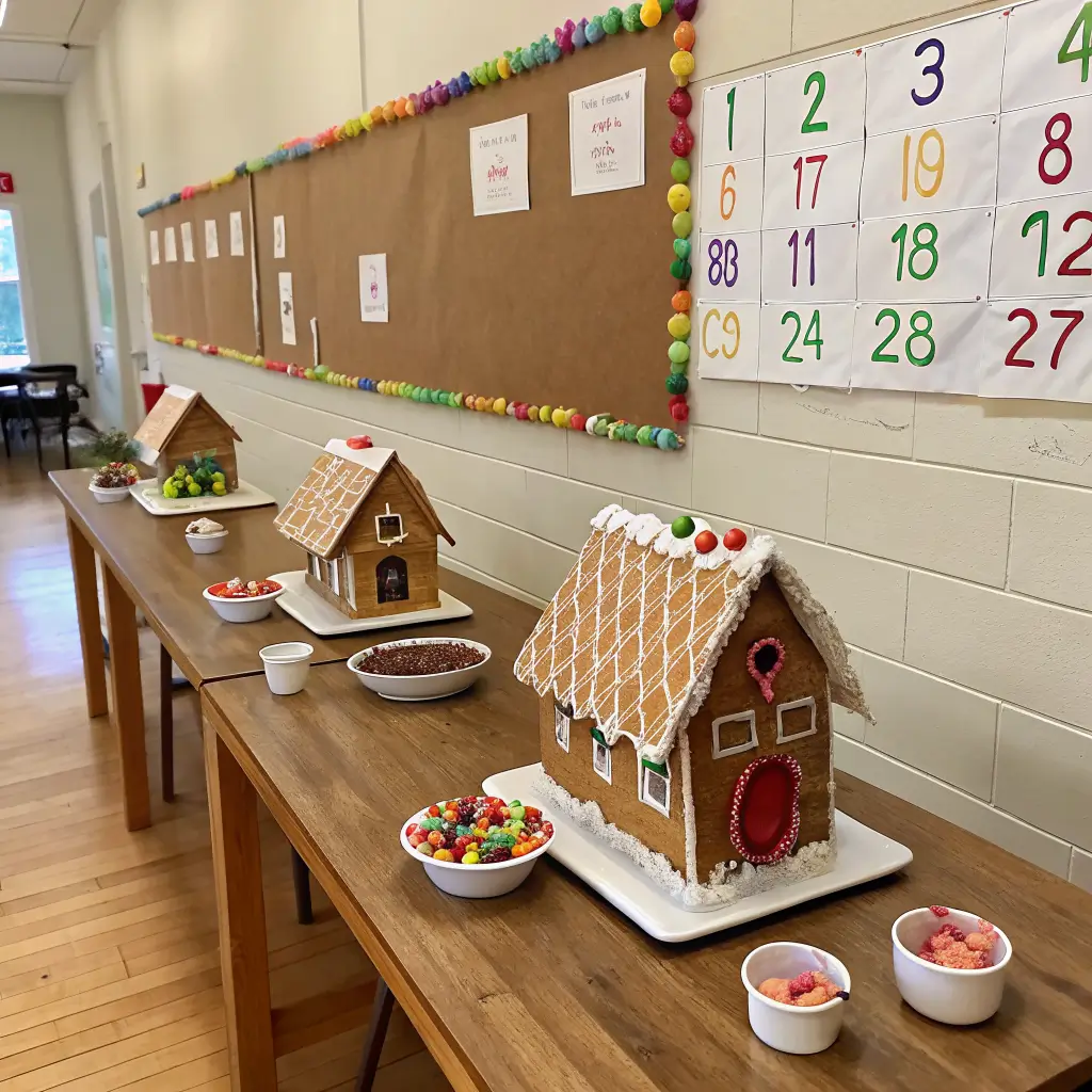 Warmly lit break-room DIY zone with an oak table displaying three gingerbread houses on white stands, bowls of gumdrops and numbered kraft cards, and a wall bulletin board with a kraft-envelope advent grid, chalkboard countdown, and dried orange and pine garland.