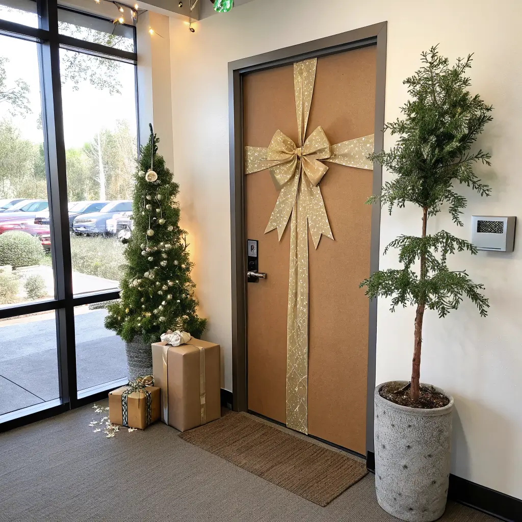 Gift-wrapped kraft paper office door with a champagne velvet bow and eucalyptus sprig, beside a console with a lit mini tree and ivory candles in soft window light.