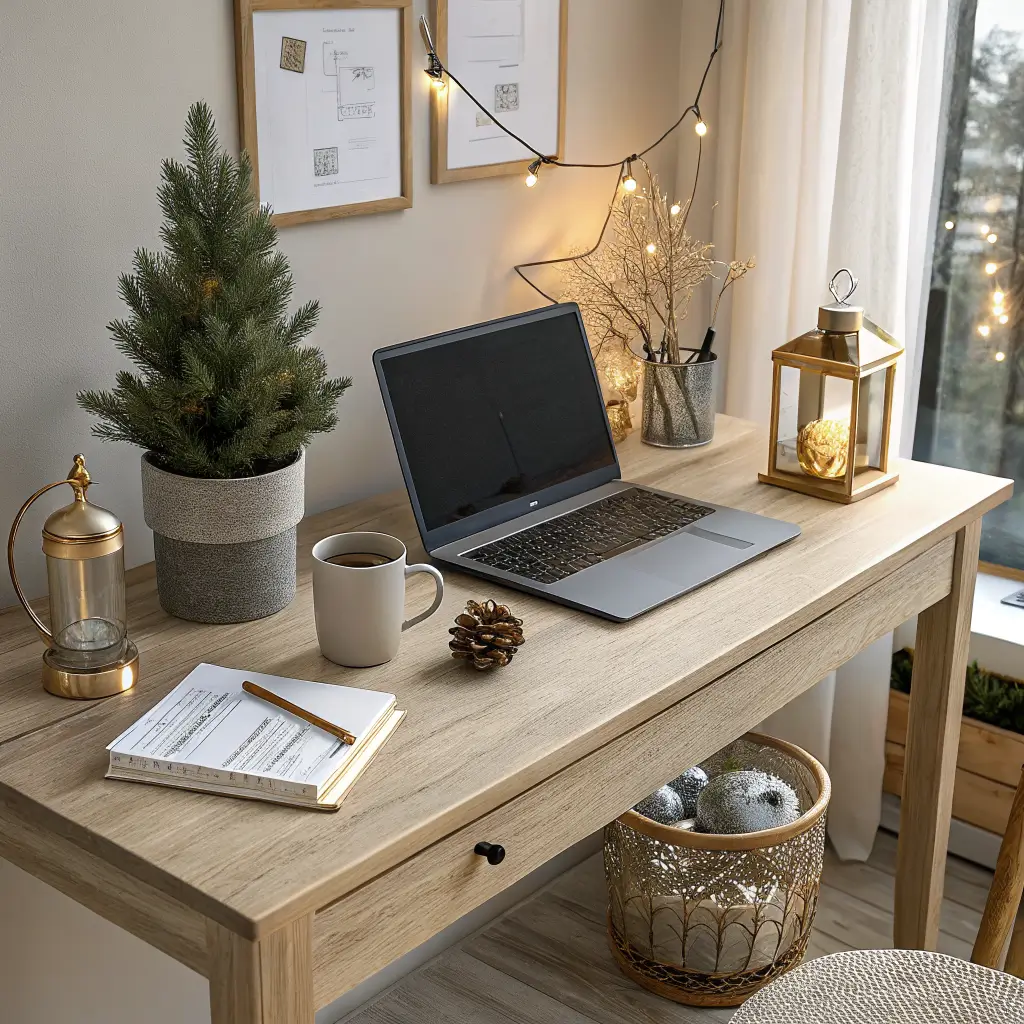 Photorealistic pale oak office desk with closed laptop, warm grey mug, mini linen-potted pine tree, brushed-brass lantern, and subtle copper fairy lights in golden late-afternoon light.