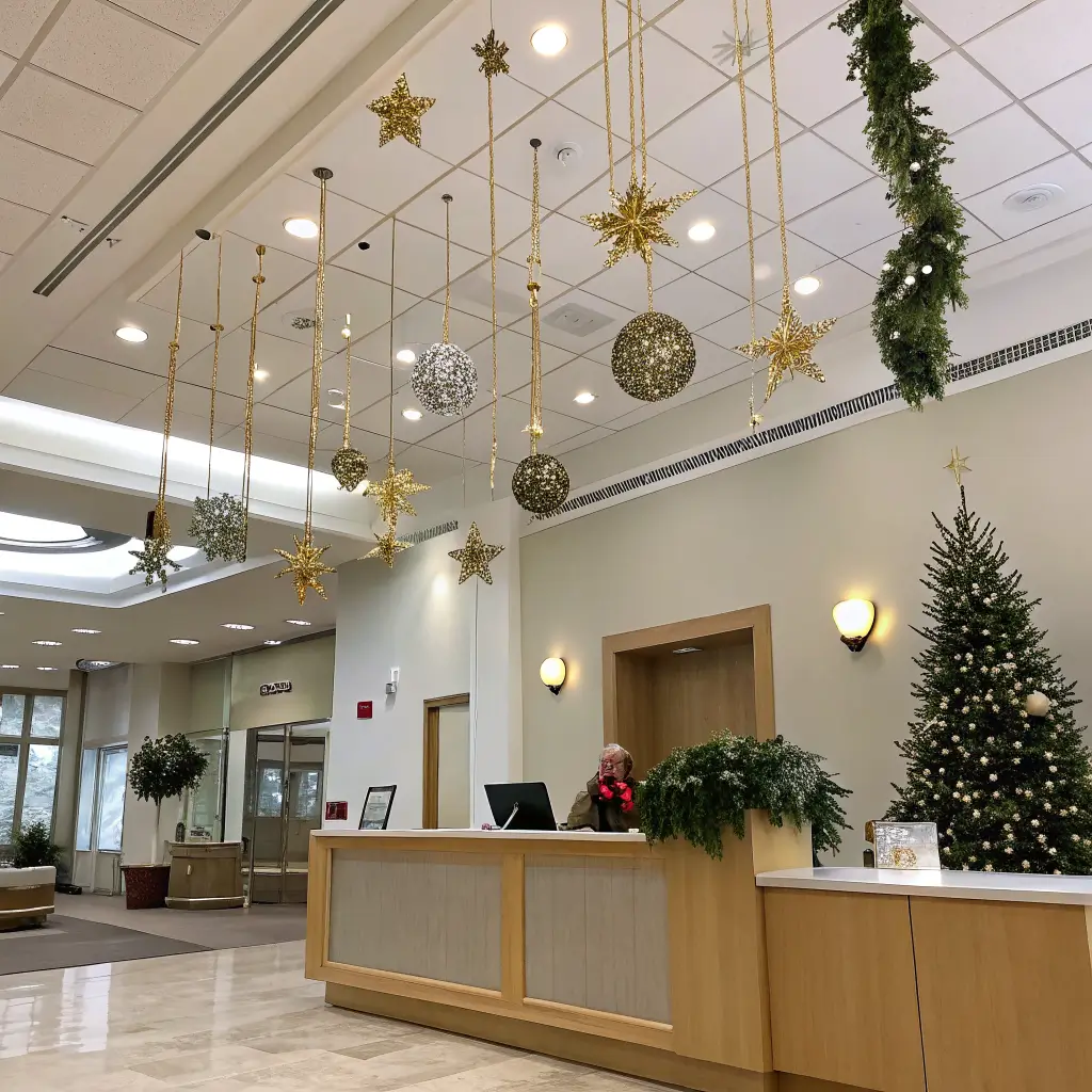 Upward view of a reception ceiling with hanging frosted glass baubles and matte gold stars above a light oak desk decorated with eucalyptus and pine garland, gold ornaments, pinecones, and evergreen branches in bright midday light.
