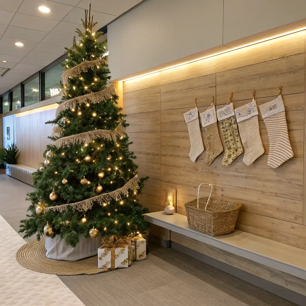 Photorealistic office common area with a slim lit donation tree holding blank ivory tags and a wall of five neutral linen stockings above a bench with a knit throw and wrapped gift.
