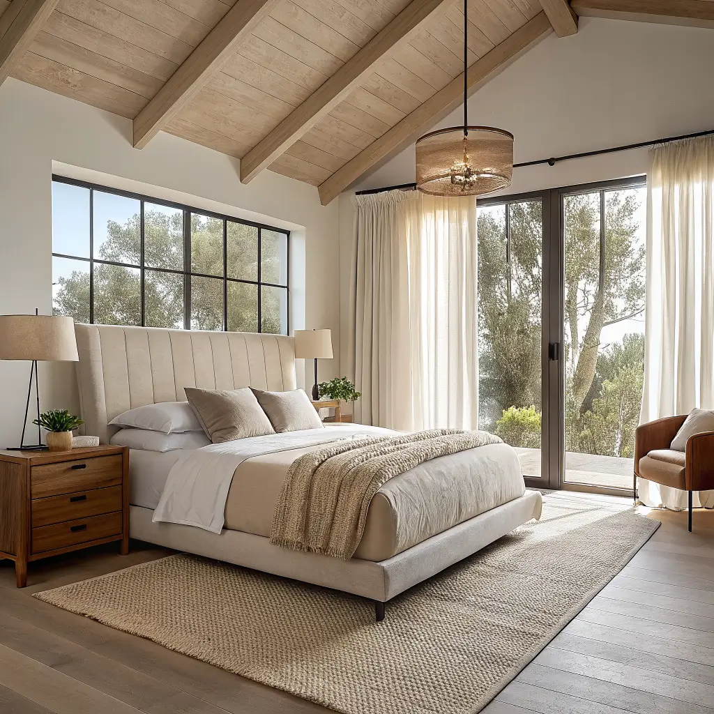 Photorealistic organic modern bedroom with white oak platform bed, bouclé headboard, warm beige layered bedding, jute rug, walnut nightstands, soft morning light through sheer linen curtains, and a bird of paradise in a terracotta pot.