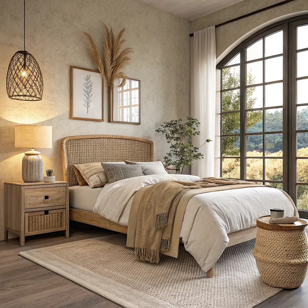 Sunlit organic modern bedroom corner with rattan headboard, oat-and-cream bedding, oak floating nightstand with warm lamp, jute rug, and olive branch in clay vase.
