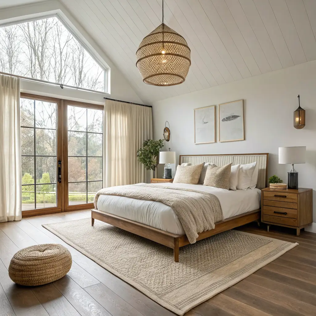 Photorealistic wide shot of an organic modern bedroom with bamboo platform bed, walnut nightstands, jute-wool rug, sheer linen curtains, and rattan globe pendant in soft overcast daylight.