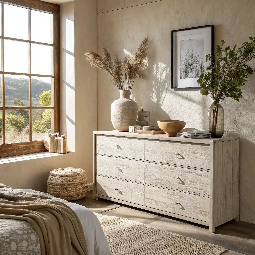 Organic modern bedroom dresser vignette in morning light with oak dresser, travertine tray, stoneware pitcher, linen throws, eucalyptus in ceramic vase, and warm neutral decor.