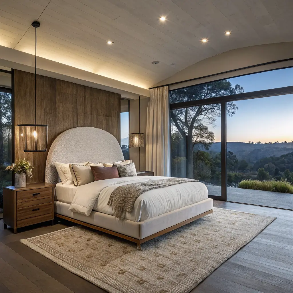 Photorealistic organic modern bedroom with walnut platform bed, ivory bouclé arched headboard, layered cream and oat linens, jute rug, and warm plaster sconces in blue-hour dawn light