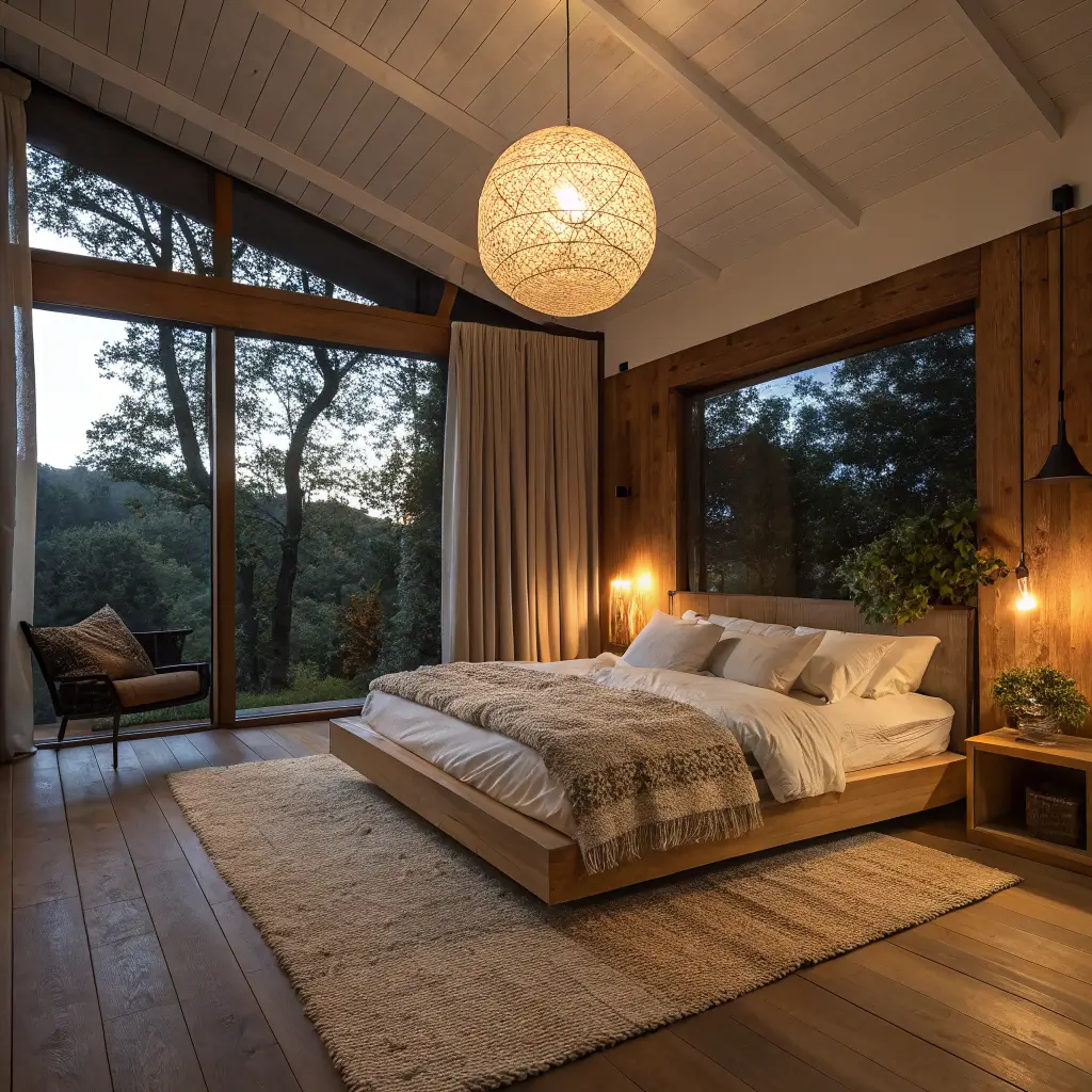 Photorealistic dusk bedroom with oak platform bed in oat linen, rattan globe pendant, warm lamplight, textured jute rug, walnut nightstands, bouclé chair, and potted olive tree.