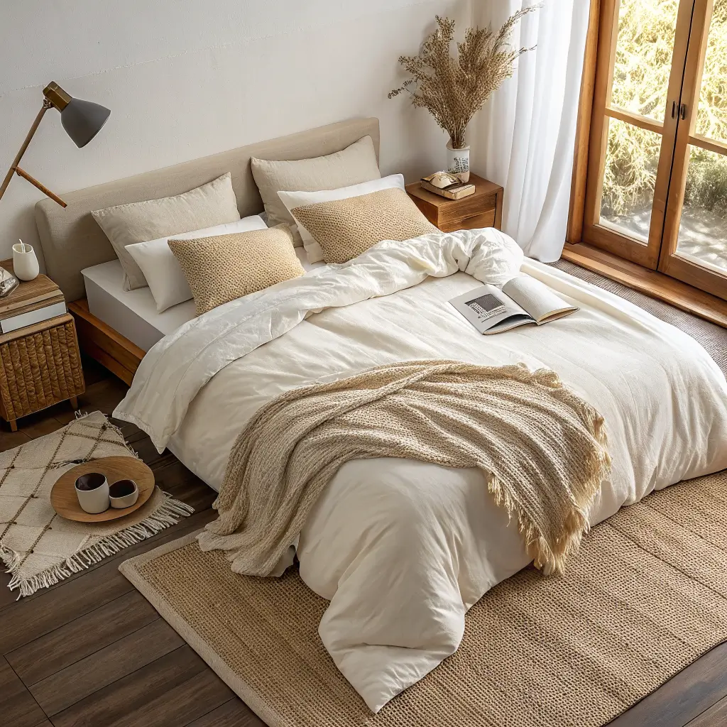 Overhead angled view of a tonal beige bedroom bed with cream linen sheets, oat duvet, chunky mushroom knit throw, textured shams and bouclé pillow, jute rug edge, and walnut nightstand with books and a cup in soft diffused light.