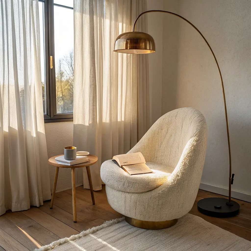 Photorealistic organic modern bedroom reading nook with cream bouclé chair, travertine side table with mug and book, brass arc floor lamp, wool throw, jute rug, and warm light through sheer linen curtains.