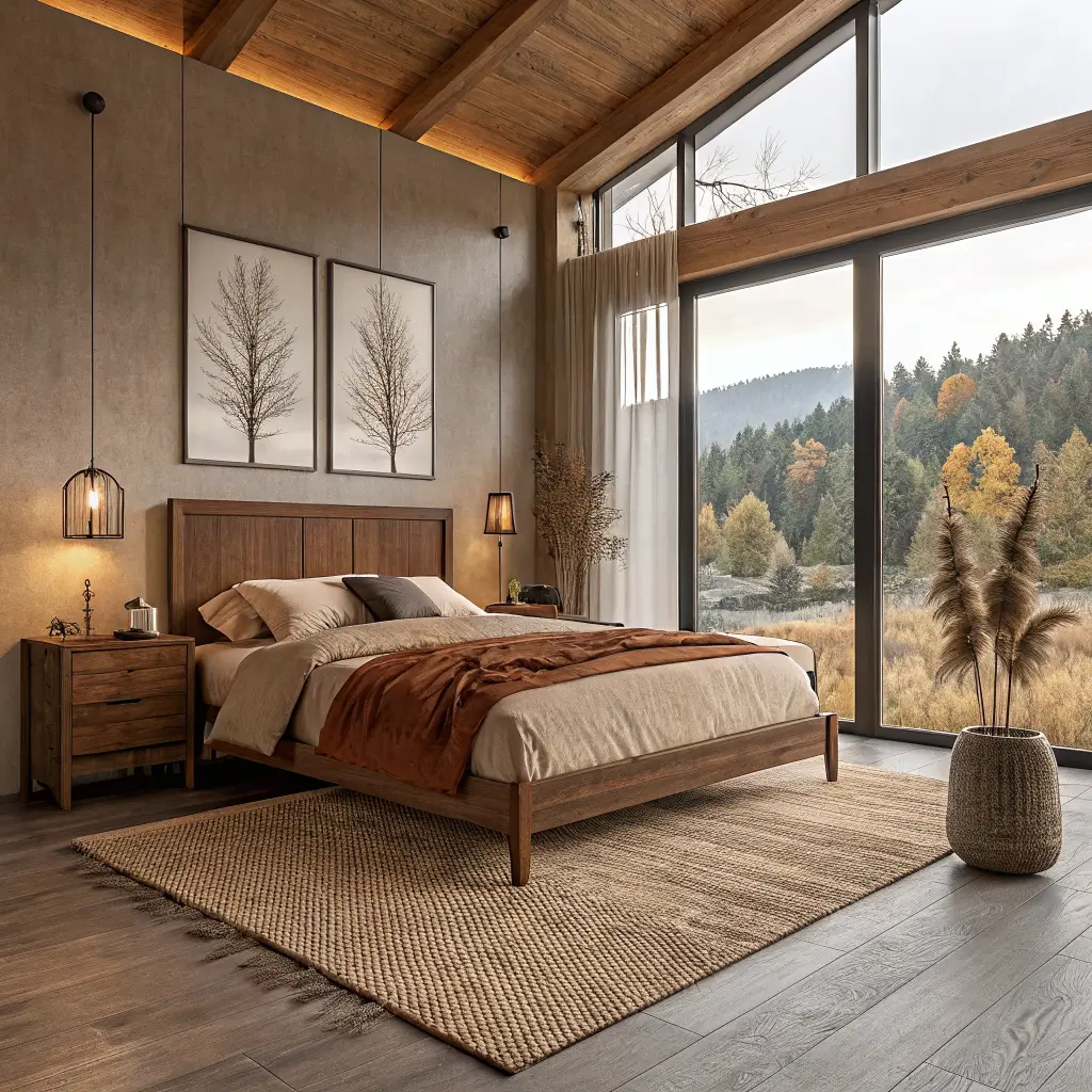 Photorealistic organic modern bedroom in fall tones with oak platform bed, terracotta pillows, camel wool blanket, dried pampas in stoneware vase, and a glowing candle in soft window light.
