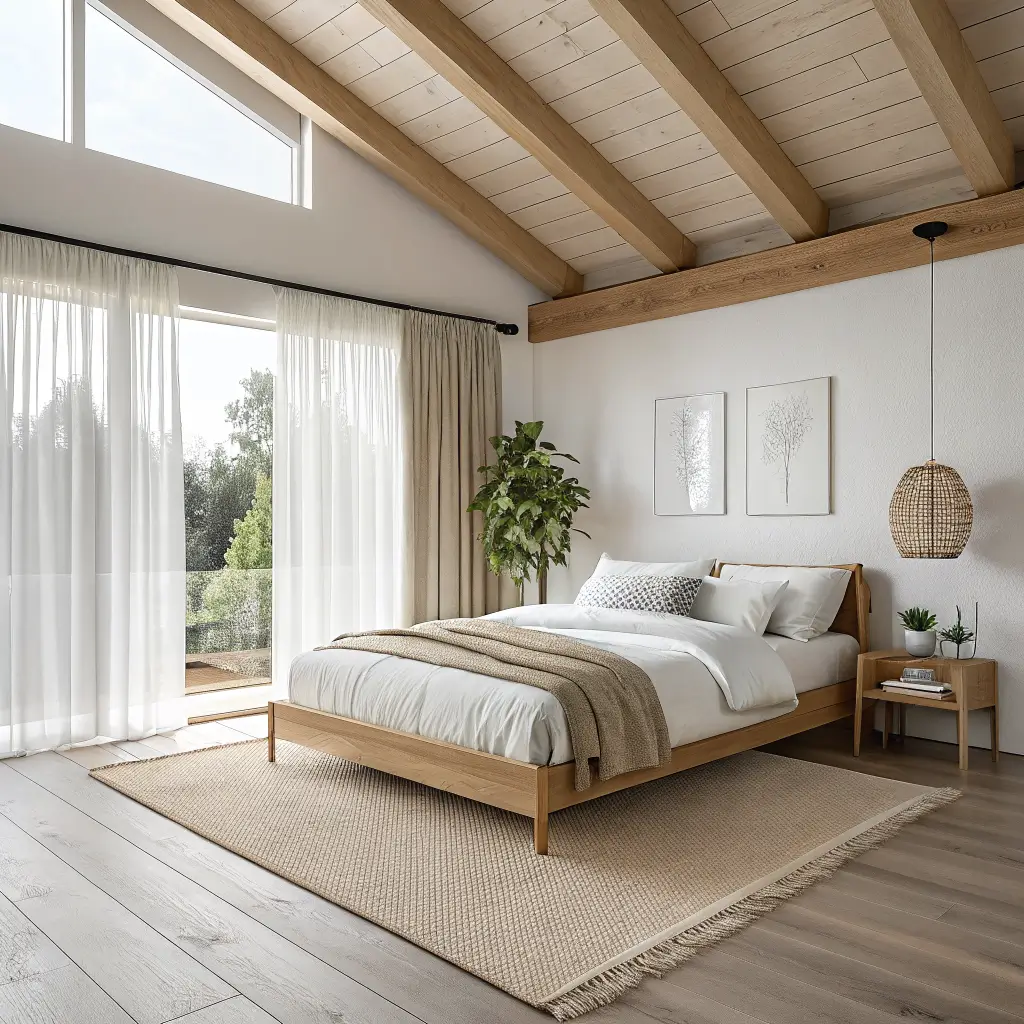 Photorealistic minimalist Scandi-organic bedroom with low ash platform bed, cream bedding, jute rug, sheer linen curtains, and a single olive tree in bright Nordic light.