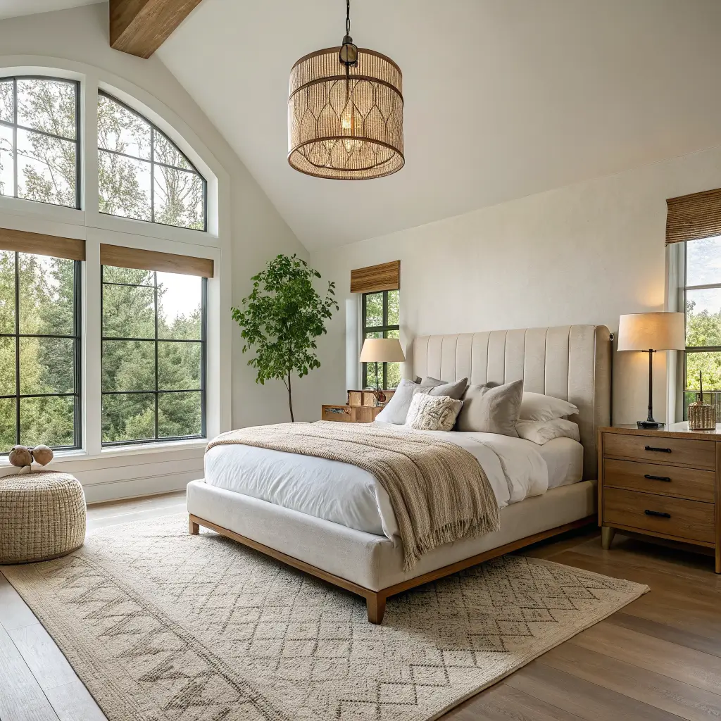 Organic modern bedroom with warm cream limewashed walls, white oak platform bed in warm-white linen, oatmeal rug, rattan pendant, olive tree in terracotta pot, and golden morning light from a tall left window.
