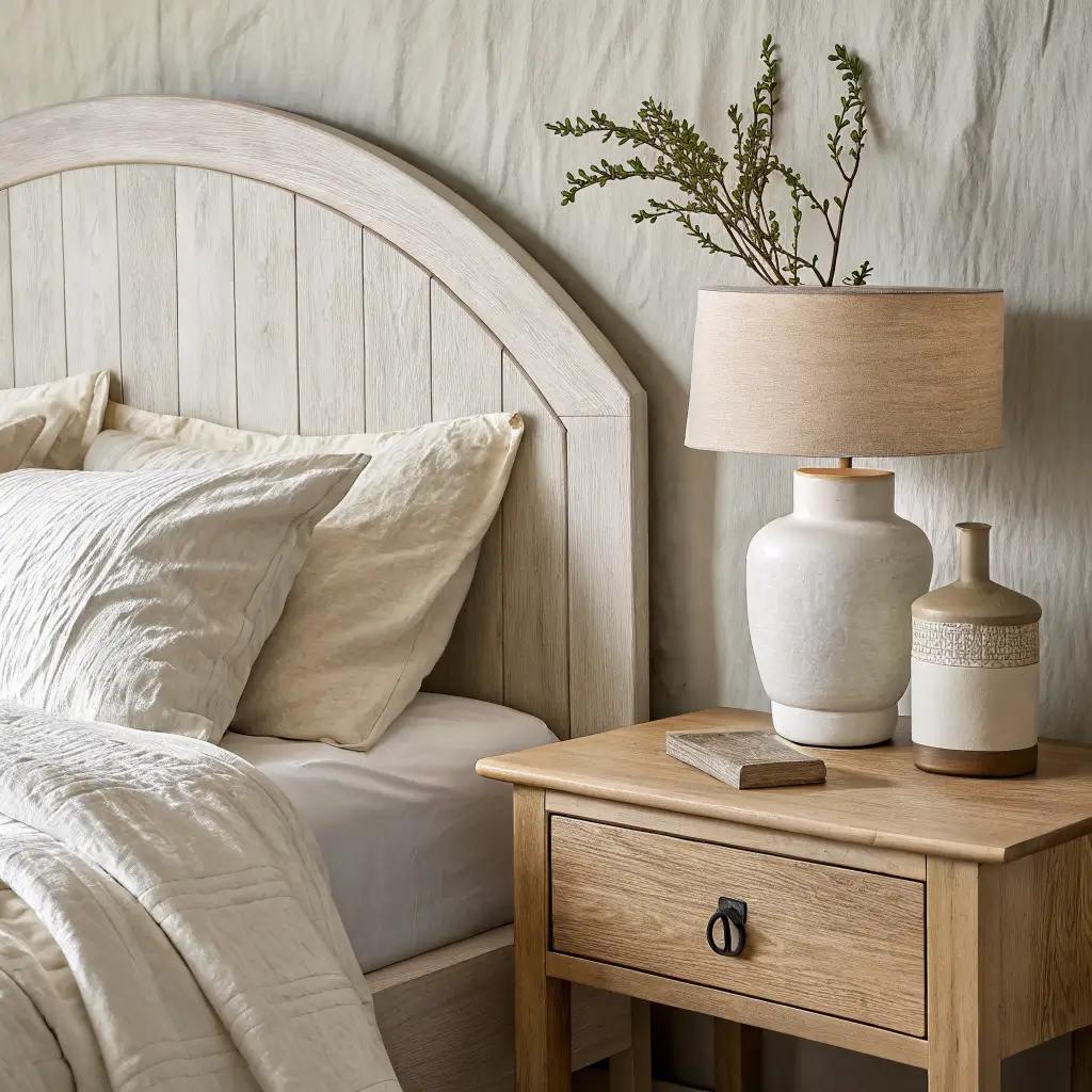 Close-up of an organic modern bed corner with curved white oak headboard, wrinkled warm-white linen bedding, eucalyptus stem in a matte ceramic vase on a light oak nightstand, and a softly glowing linen-shaded lamp against a limewashed cream wall.