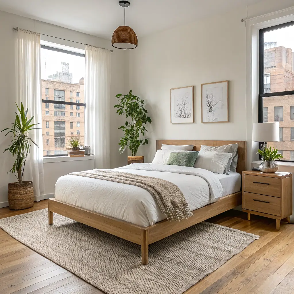 Photorealistic 10x10 organic modern budget bedroom with light oak platform bed, warm-white linen bedding, oak nightstand with lamp, sand jute-wool rug, snake plant, White Dove walls, and high linen curtains in soft daylight.