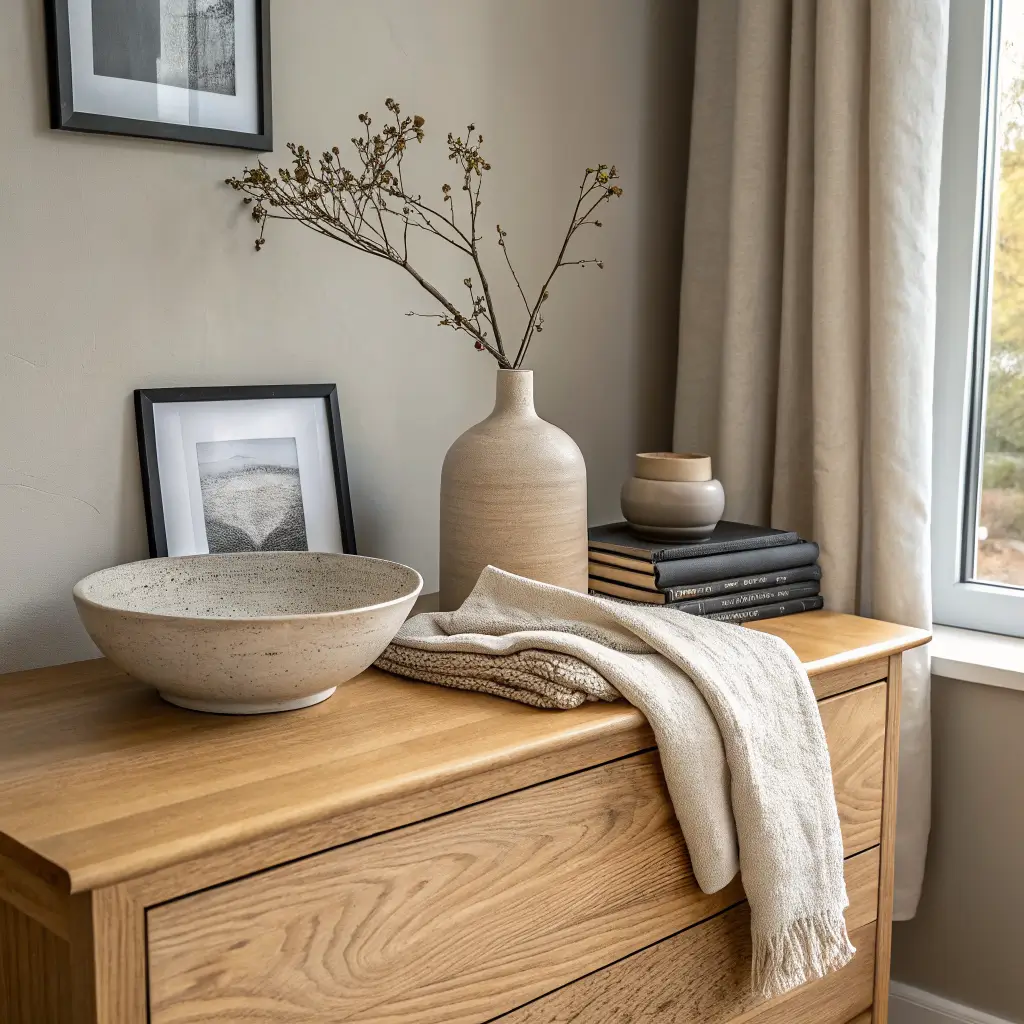 Flat-lay on a light oak dresser showing a cream ceramic bowl, taupe vase with dried sage, charcoal picture frame, and folded oatmeal linen throw against a greige wall in warm window light.