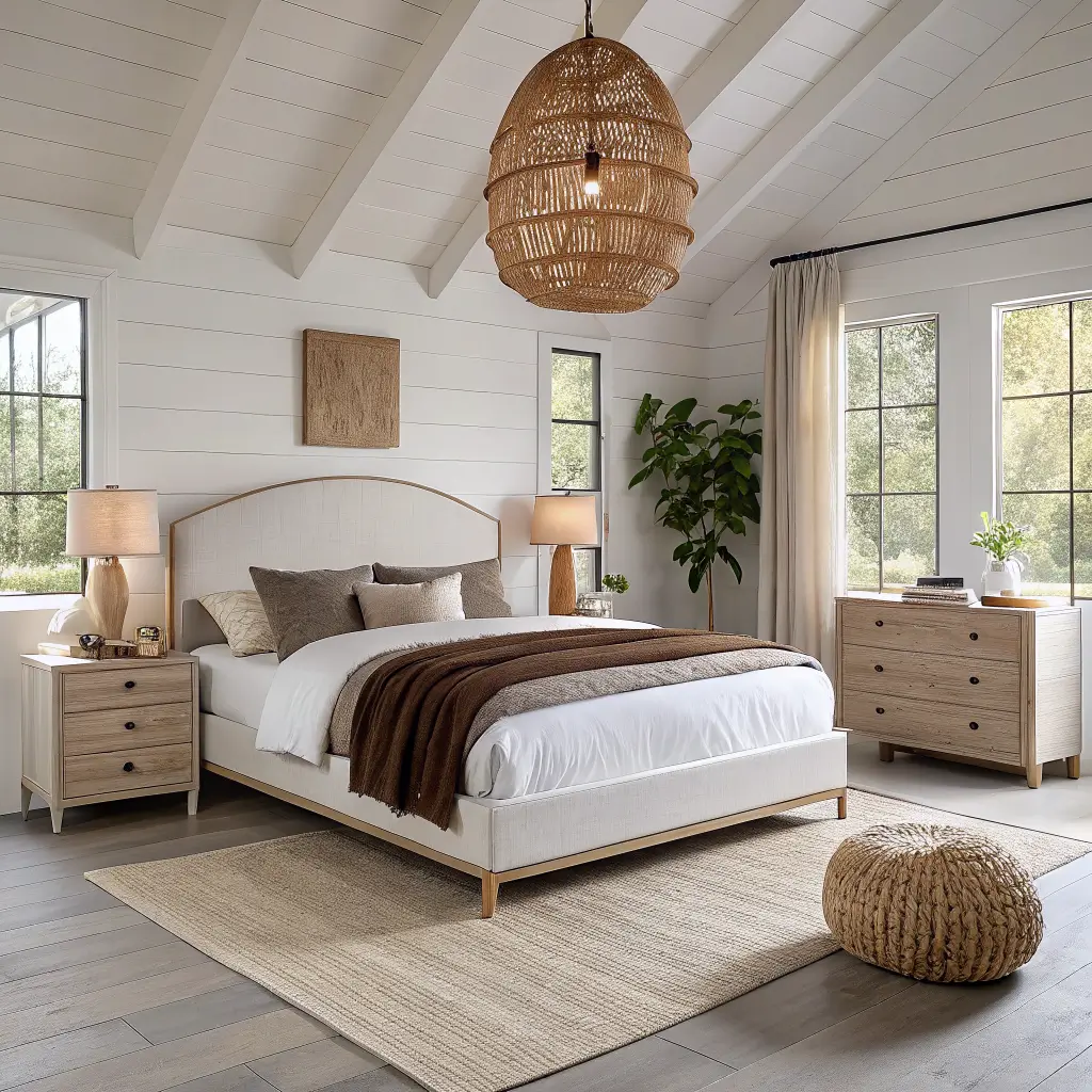 Symmetrical modern organic bedroom with white oak platform bed, oatmeal rug, matching oak nightstands, rattan pendant, ceramic lamps, and limewashed cream accent wall in warm neutral tones.