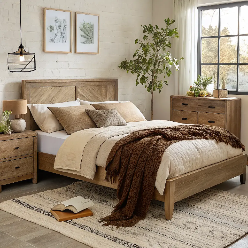 Photorealistic organic modern bedroom with layered linen, wool, bouclé, ceramic, and rattan textures in cream, oatmeal, chocolate, and warm oak, lit by late-morning window light.