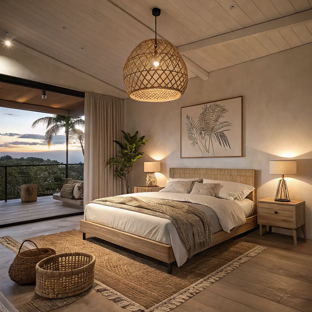 Organic modern bedroom at dusk with warm layered lighting, rattan pendant shadows, oak bed with linen bedding, ceramic bedside lamps, and blue twilight through curtains.