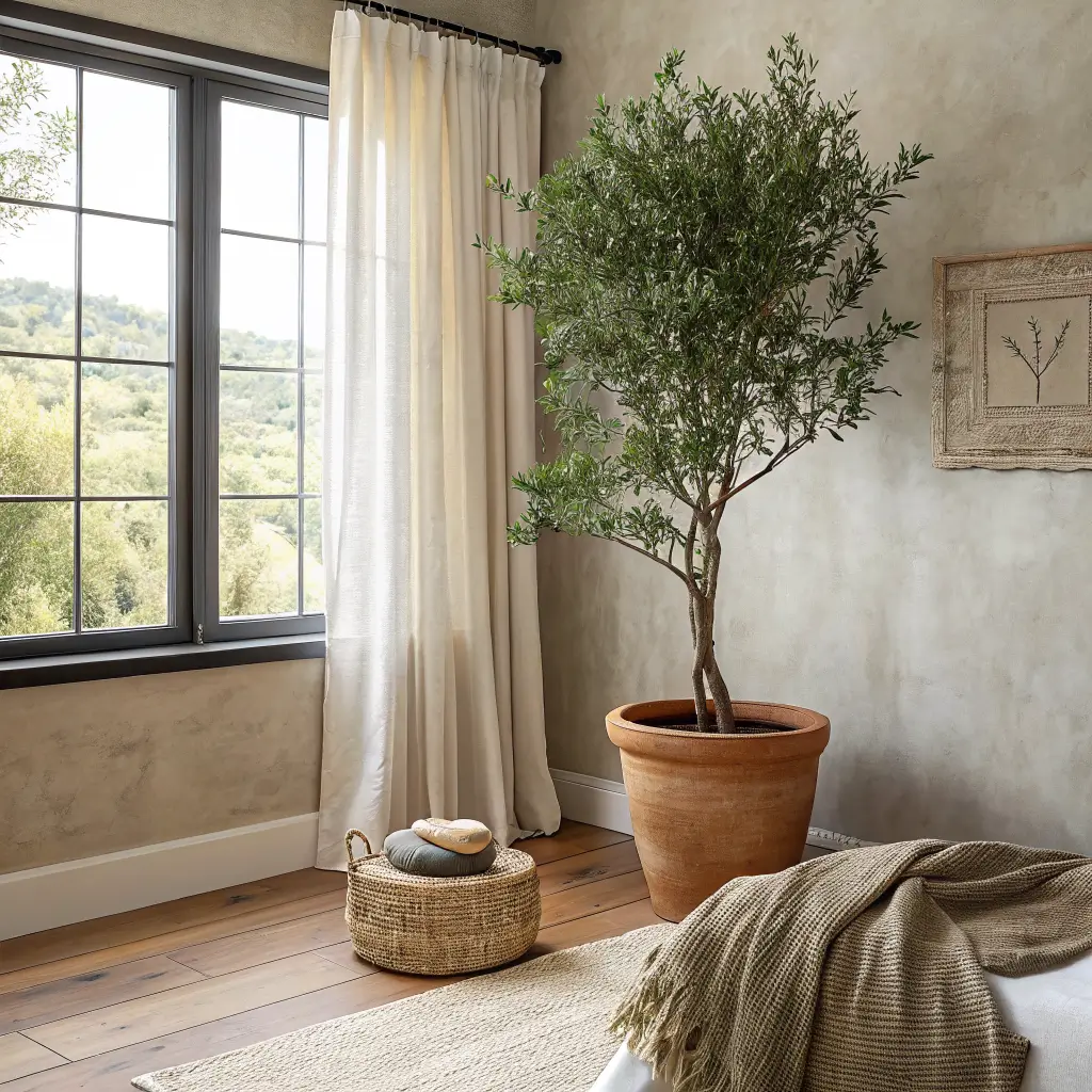 Photorealistic organic modern bedroom corner with a large olive tree in a terracotta pot by a tall window with linen drapes and bamboo shade, seagrass basket on an oatmeal rug, and a stoneware vase on an oak stool in soft late-afternoon light.