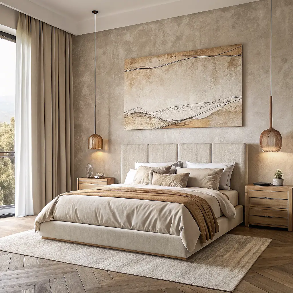 Symmetrical organic modern bedroom with abstract sand-and-clay canvas above a white oak bed on a limewashed cream plaster wall, warm linen bedding, oak nightstands, and soft morning light.