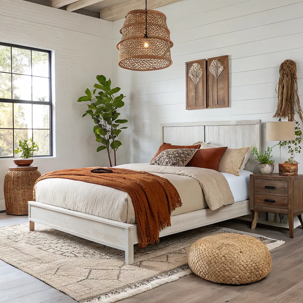 Photorealistic organic modern autumn bedroom with white oak bed, warm linen bedding, olive and rust pillows, brown wool throw, dried leaves arrangement, fiddle-leaf fig, and golden-hour light.