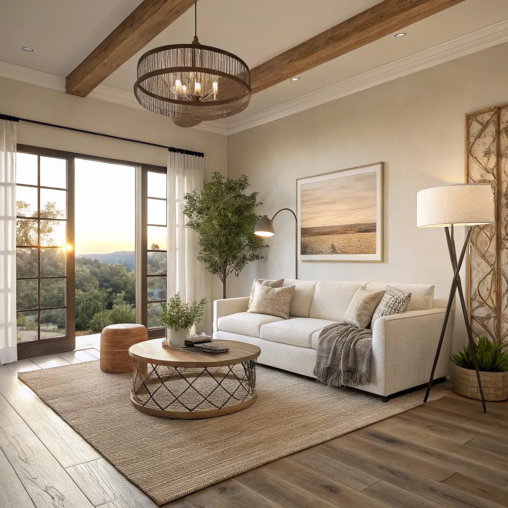 Photorealistic organic modern living room with ivory sofa, white oak coffee table, olive tree, brass arched floor lamp, and warm golden-hour light.