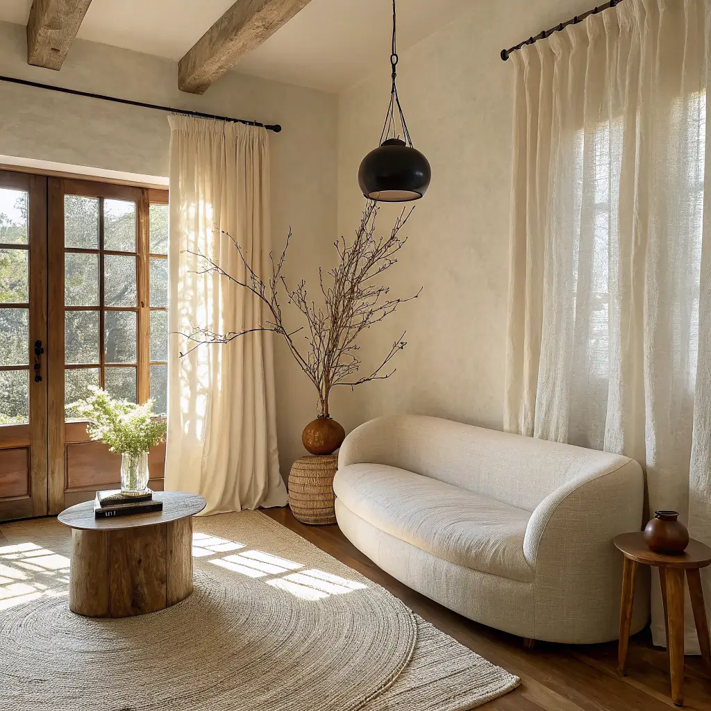 Sunlit organic modern den with curved boucle sofa, walnut side table with ceramic vase and branches, jute rug, cognac leather chair, and black iron pendant in warm morning light.