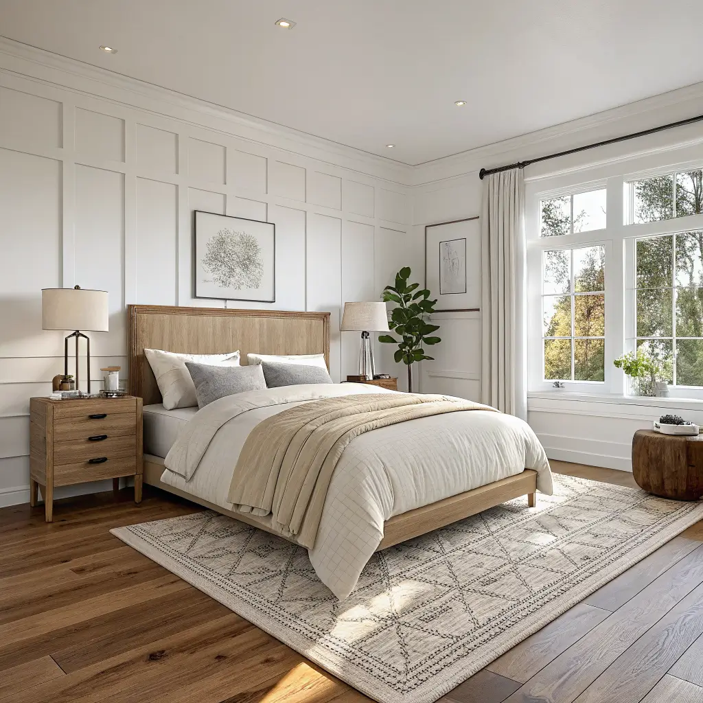 Photorealistic organic modern bedroom with oak floors and plaster walls, queen bed in oatmeal linen with ivory quilt and cognac leather pillow, wool-jute rug, and walnut nightstand with brass lamp in warm late-afternoon light.