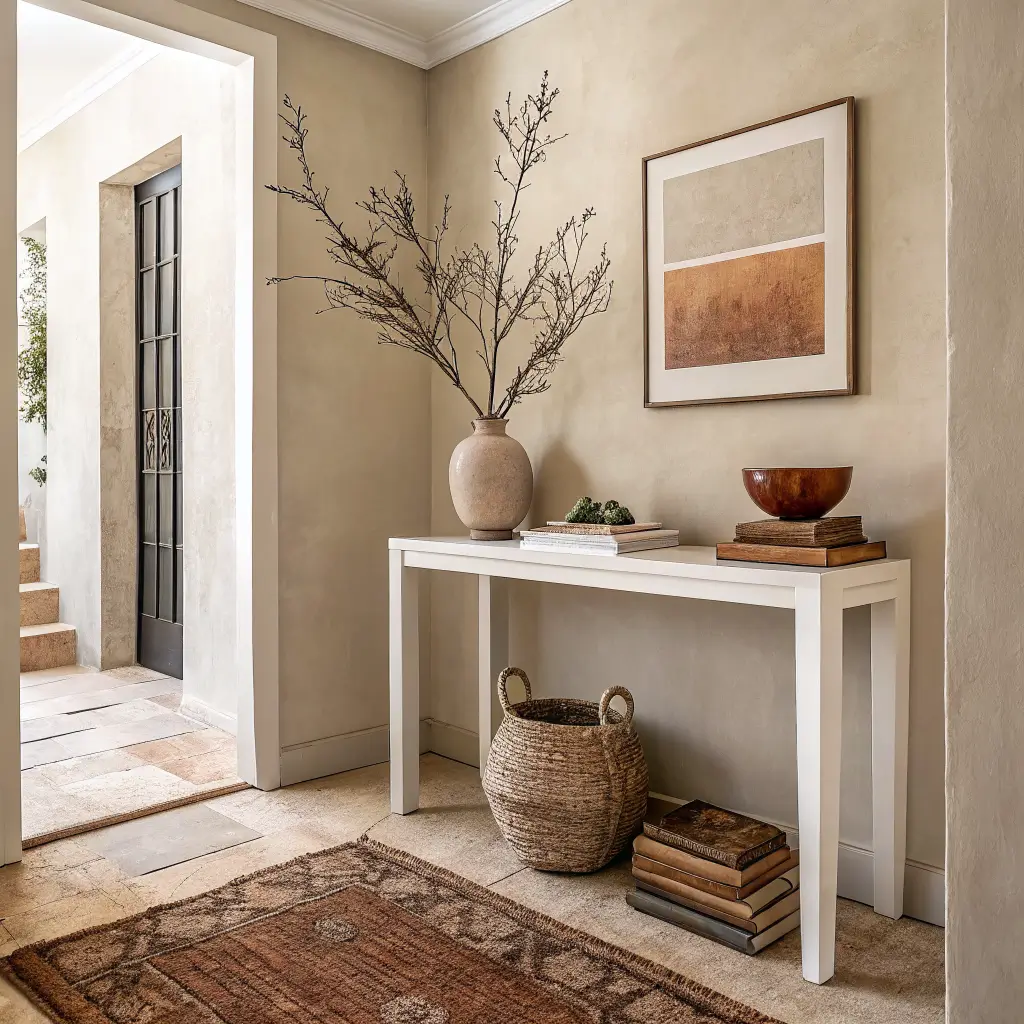 Photorealistic minimal entryway nook with ivory plaster walls, honed limestone floor, white oak console holding an ivory vase with olive branches, taupe books and terracotta bowl, abstract canvas in oatmeal and rust leaning above, jute runner, and a muted charcoal wall hook in soft midday light.