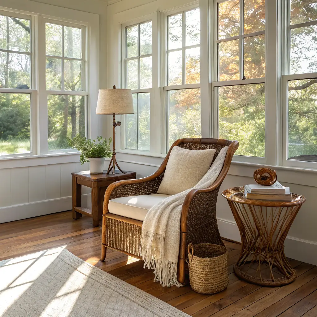 Organic modern sunroom corner with cane lounge chair, travertine side table and brass lamp, reclaimed pine floor, linen and sheepskin textiles, walnut bench with terracotta vase in warm morning light.