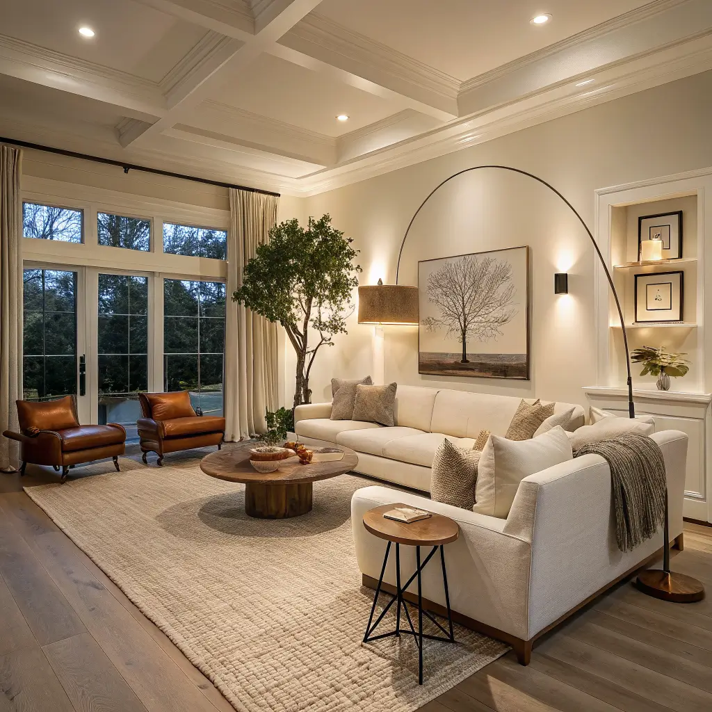 Photorealistic organic modern living room at dusk with oatmeal linen L-sectional, oval oak coffee table on wool-jute rug, cognac leather chair, ficus, arched brass floor lamp, and abstract canvas in warm neutral tones.