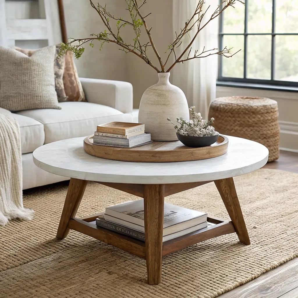 Close-up of a round white oak coffee table on a wool-jute rug, styled with a walnut tray holding linen books, an ivory ceramic vase with eucalyptus, and a travertine object in soft window light.