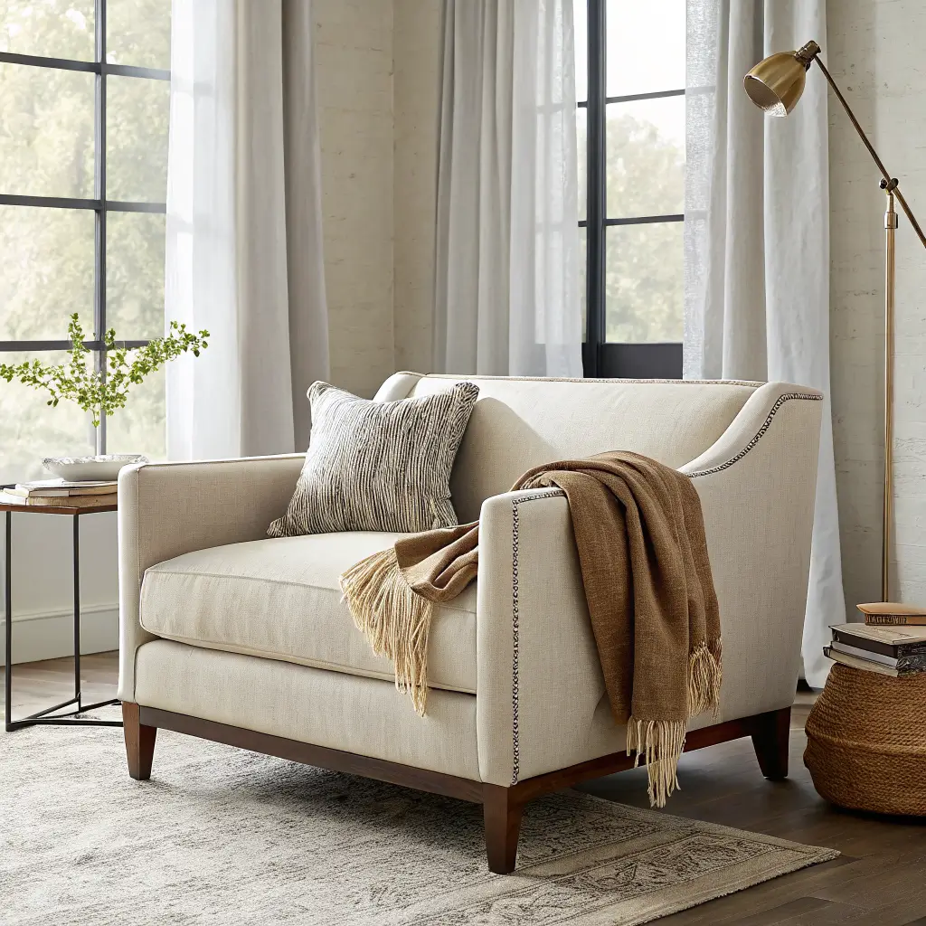 Photorealistic reading corner with an oatmeal linen sofa, layered linen and boucle pillows, cognac leather lumbar, linen throw, and an arched brass floor lamp in warm afternoon light through sheer drapes.