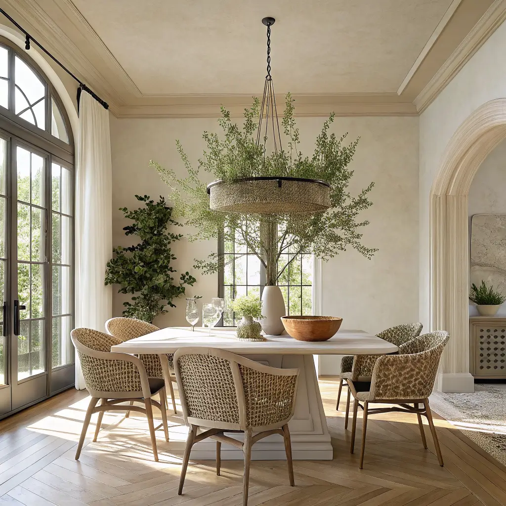 Photorealistic organic modern dining room with oak table and cane chairs, olive branches centerpiece, rubber tree in terracotta planter, and morning sunlight.