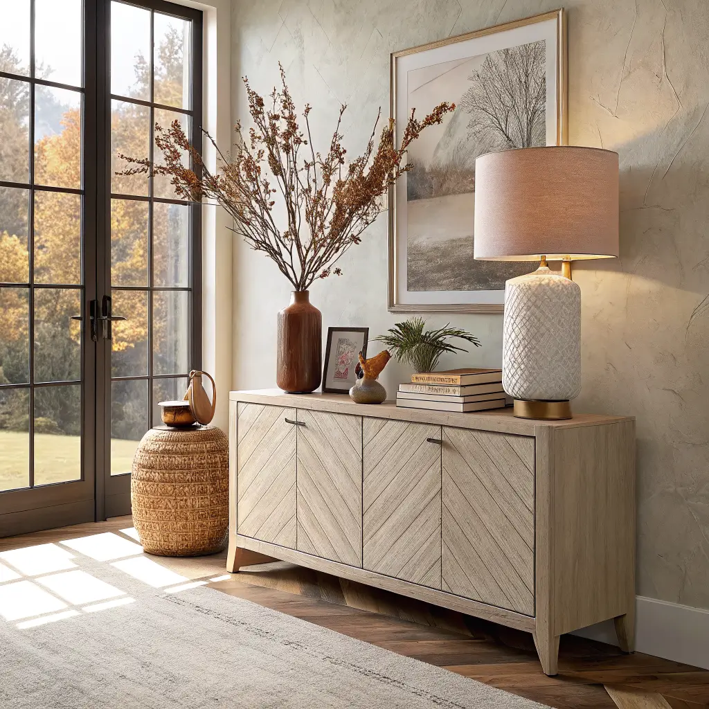 Organic modern autumn vignette on a white oak sideboard with brass lamp, linen books and ceramic form, terracotta vase with dried branches, and an unframed canvas leaning against an ivory plaster wall in warm golden light.