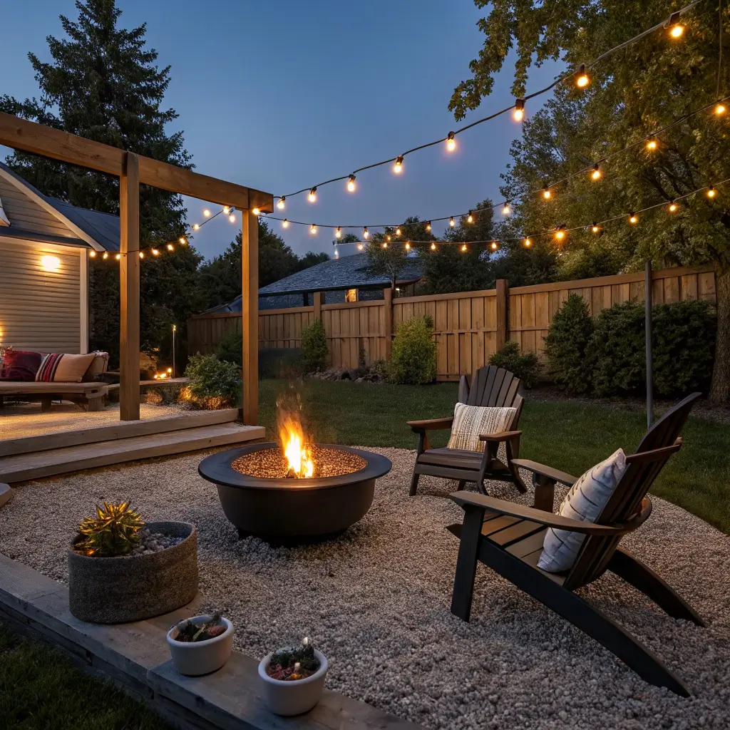 Twilight backyard fire zone with matte black smokeless firepit on pea gravel, four cedar Adirondack chairs with olive cushions under warm bistro lights, teak deck box and lantern in background.