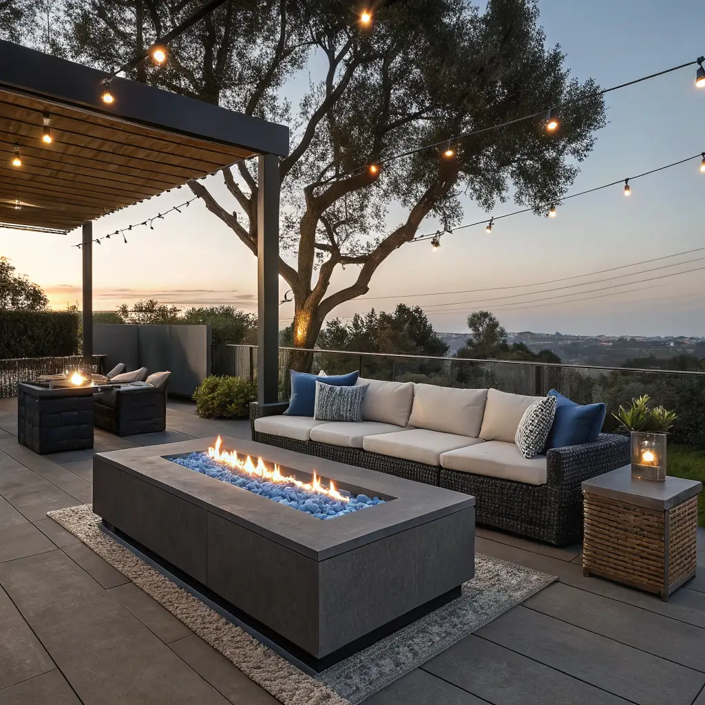 Modern dusk patio with rectangular concrete-top propane fire table, blue-tipped linear flames behind a glass wind guard, sand wicker sectional with olive pillows, charcoal pavers, and an olive tree planter under warm string lights.