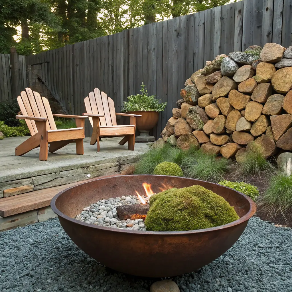 Low-angle photorealistic rustic-modern firepit scene with a Corten steel bowl on pea gravel, mossy boulders, cedar Adirondack chairs, and stacked oak firewood in warm late-afternoon light.
