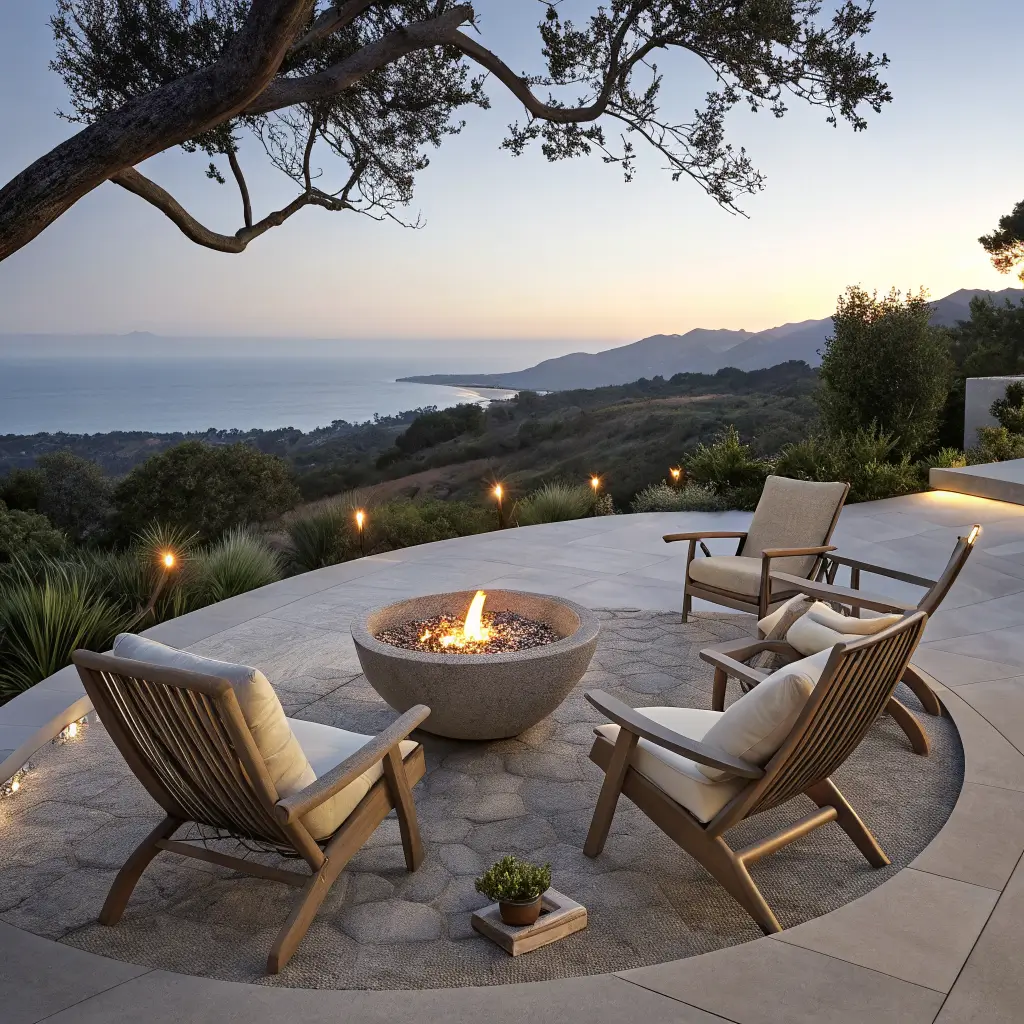 Overhead-adjacent blue-hour view of a minimalist Scandinavian patio fire zone with a matte concrete fire bowl, four pale oak lounge chairs with cream cushions, a charcoal planter with olive branch, and warm bistro string lights.