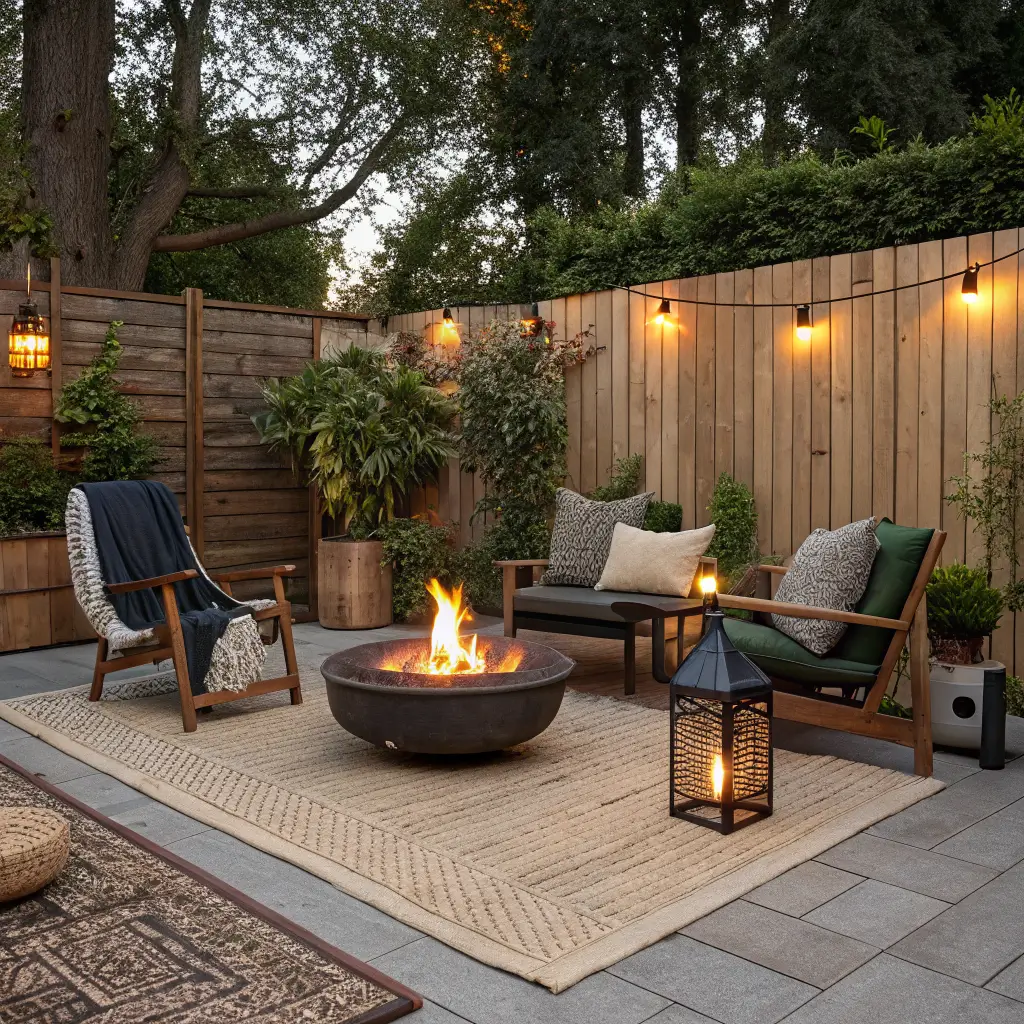 Boho outdoor fire lounge at dusk with a matte black steel firepit on a jute-look rug, olive and sand poufs, cedar chairs, glowing brass lanterns, and string lights against a cedar fence with trailing greenery.